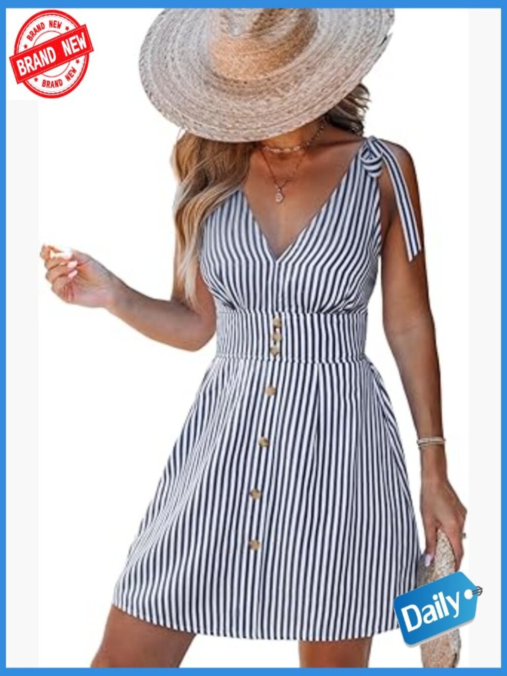 V Neck Sleeveless Tie Strap Mini Sun Dress with Striped Print